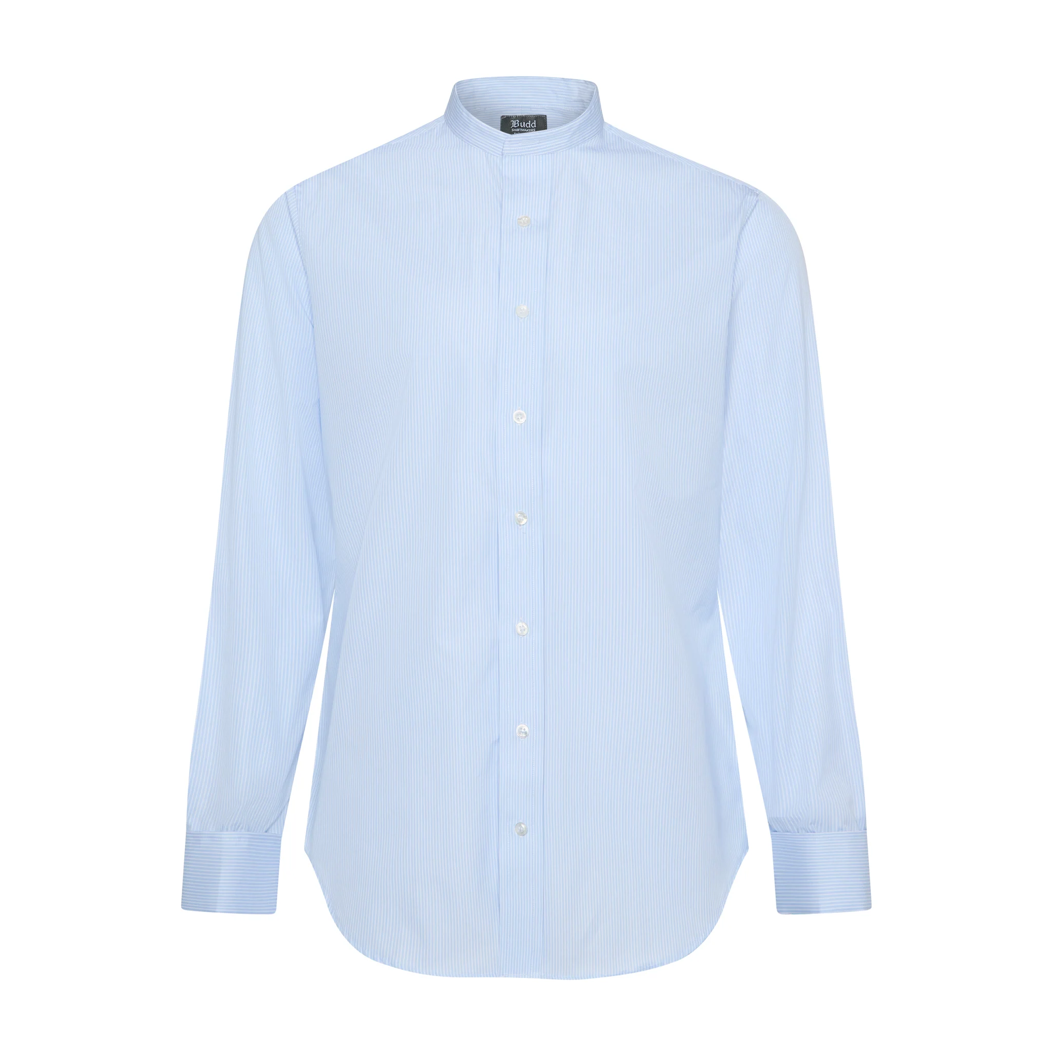 Tailored Fit Stripe Poplin Formal Neckband Shirt in Sky Blue - Image 5