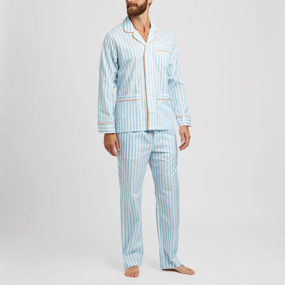 Tailored Fit Striped Batiste Pyjamas in Aqua and Orange - Image 5