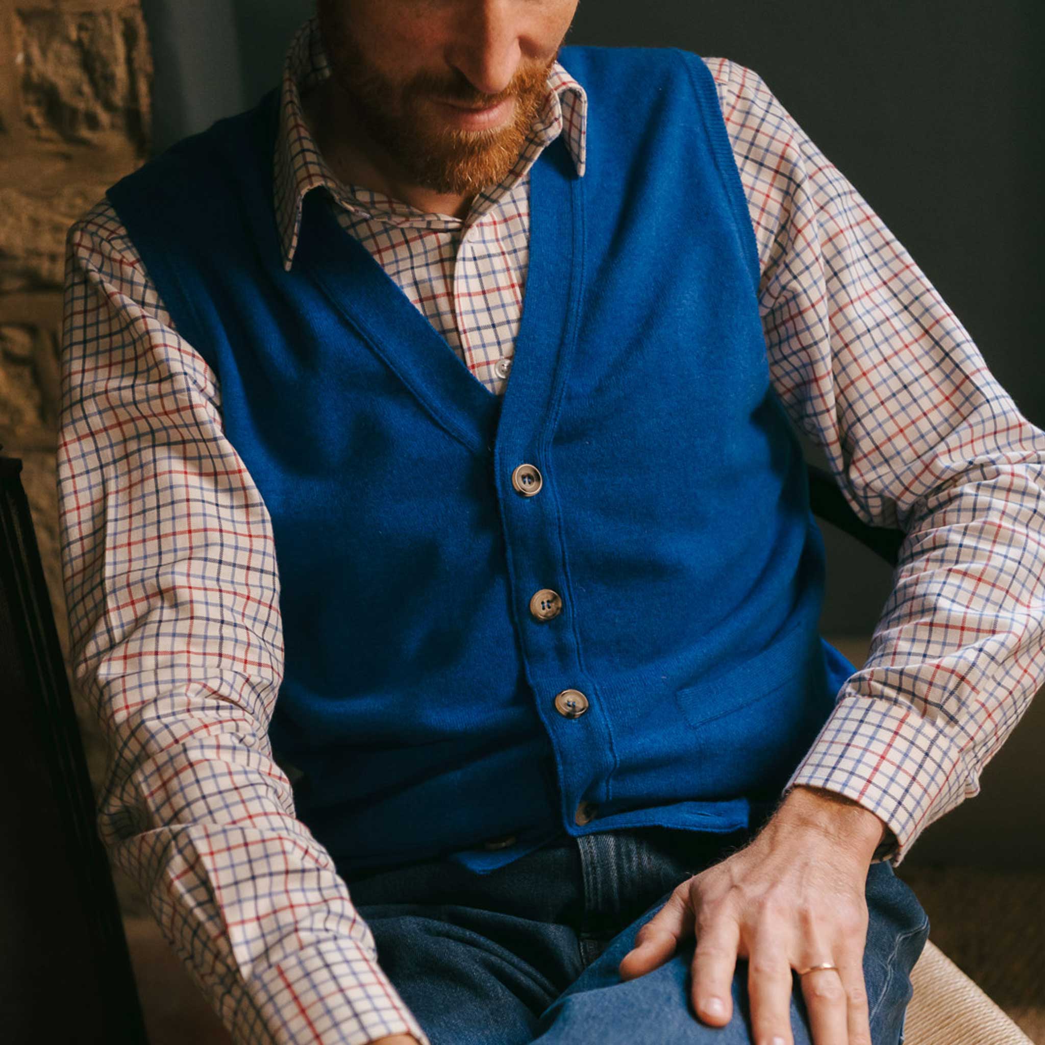 Wilton Scottish Cashmere Sleeveless Cardigan in Coast Blue - Image 4