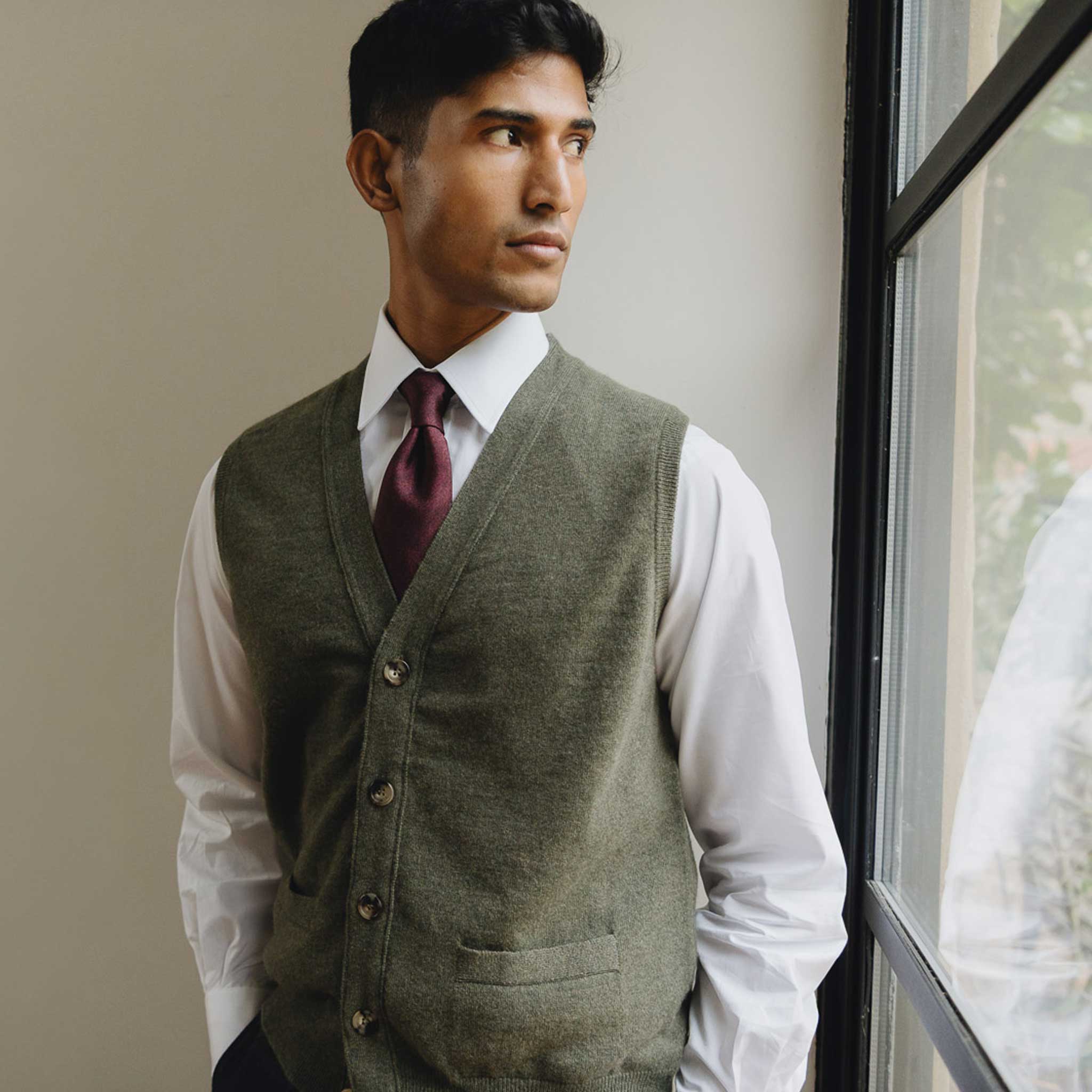 Wilton Scottish Cashmere Sleeveless Cardigan in Loden Green - Image 6