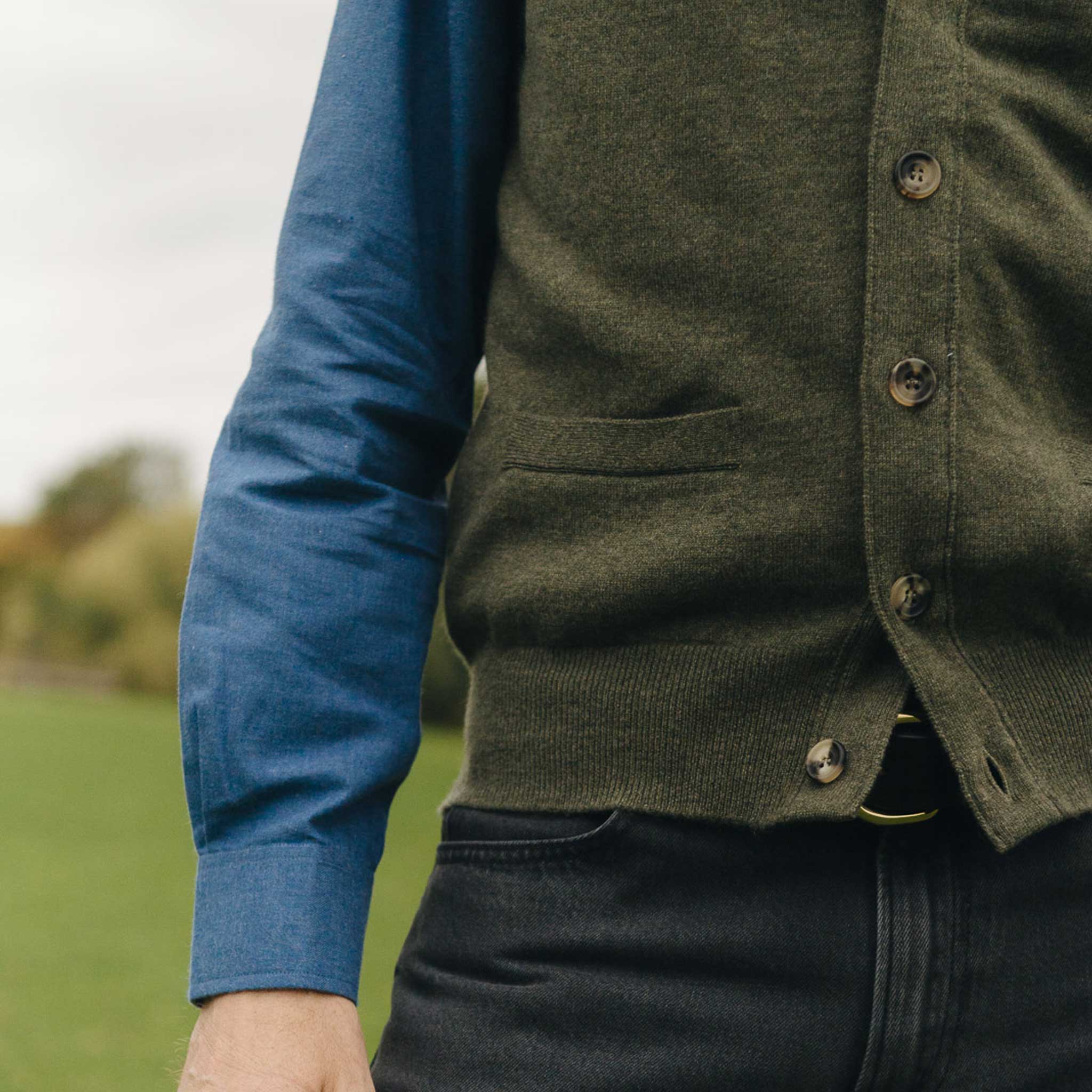 Wilton Scottish Cashmere Sleeveless Cardigan in Loden Green - Image 7