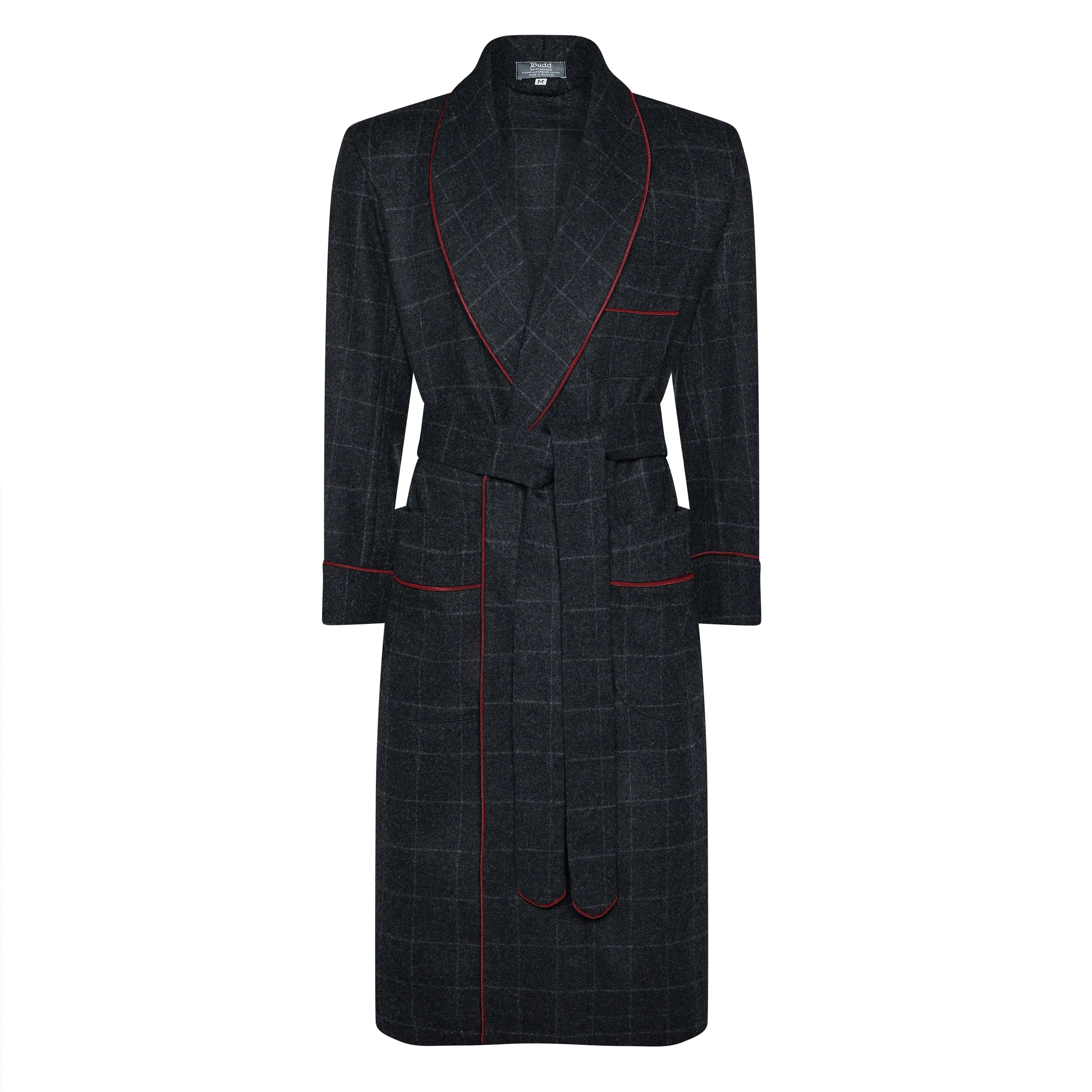 Windowpane Fox Flannel Wool Dressing Gown in Charcoal and Wine