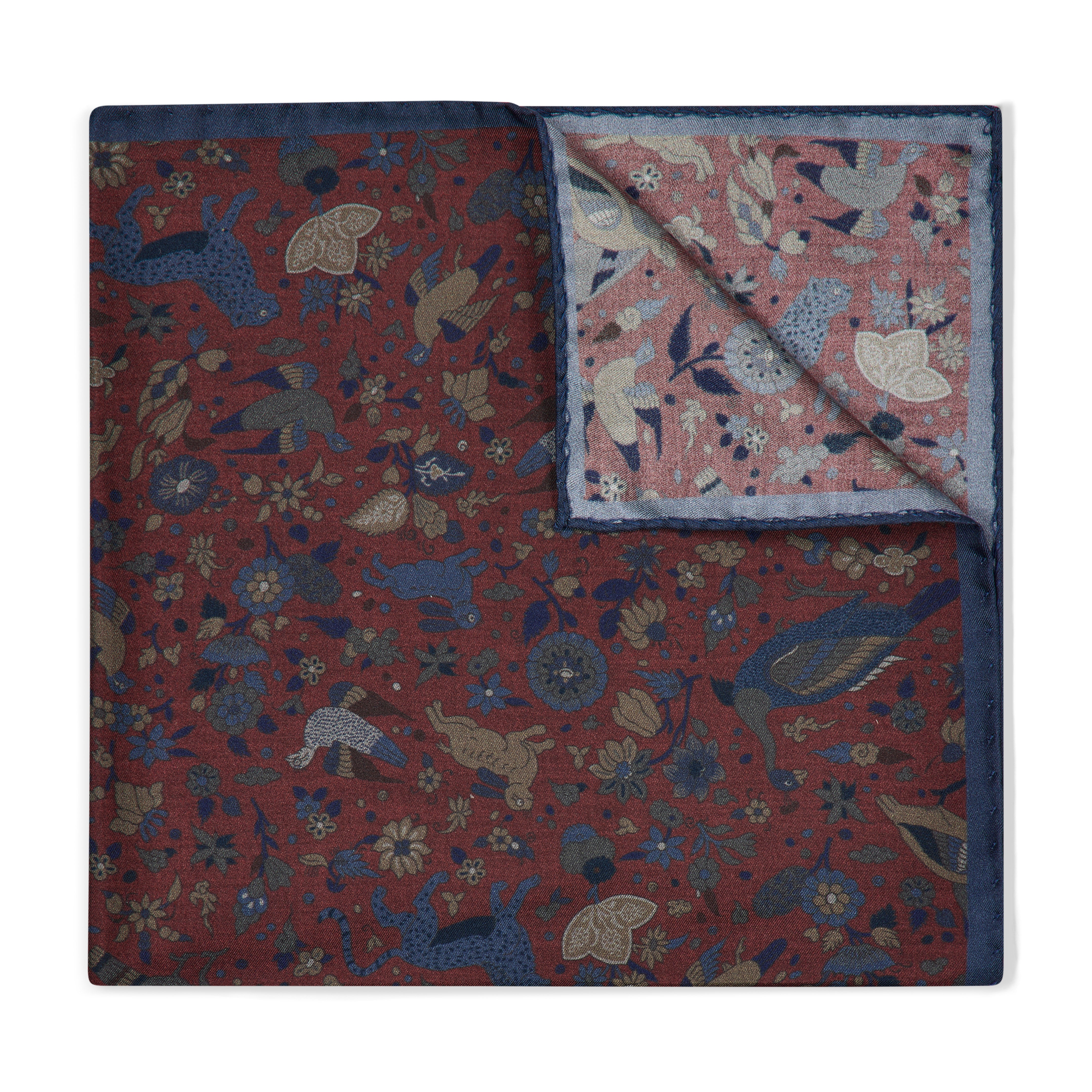 Woodland Animals Silk Pocket Square in Wine